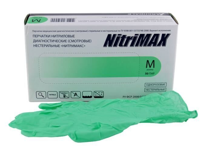 ПЕРЧАТКИ СМОТРОВЫЕ "Nitrimax" нитриловые, неопудренные р.XS/S/M/L Зеленые, 4,0г  50/500